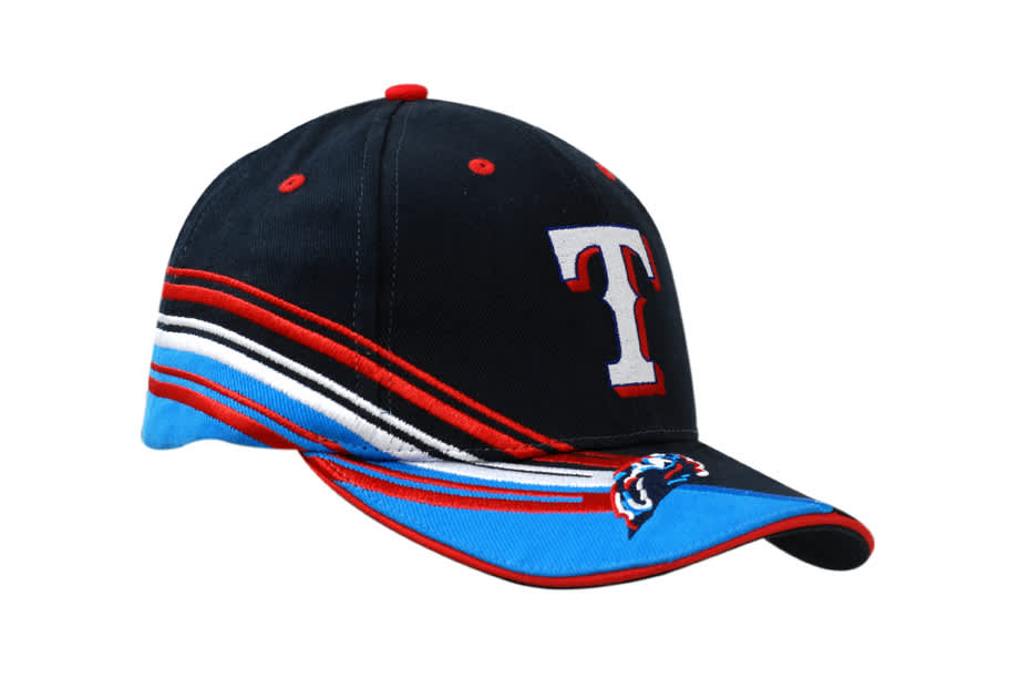 A navy cap with fabric inserts, featuring a white letter and storm embroidery on the crown and peak, plus additional colours.