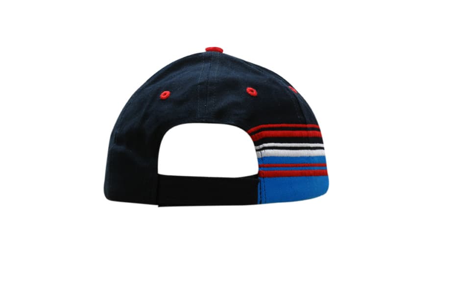 A navy cap featuring fabric inserts with red, white, and blue stripes, and an adjustable back strap.