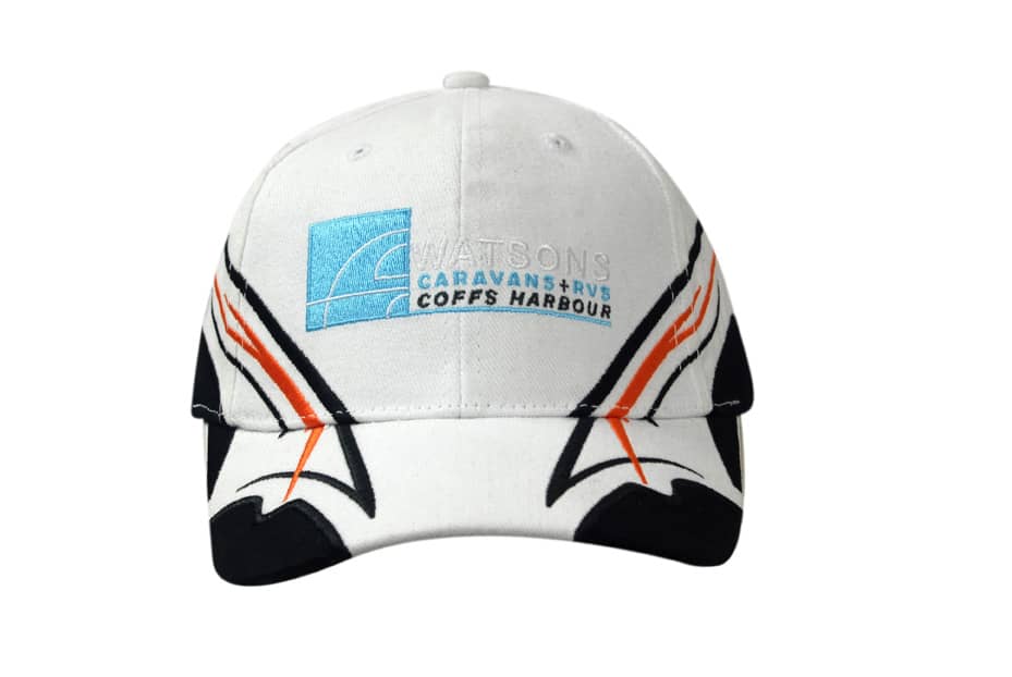 A white and black cap with fabric inserts, featuring embroidery on the crown and peak, and a logo.