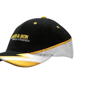 A black and white cap with yellow accents, featuring embroidery on the crown and peak, including a logo.