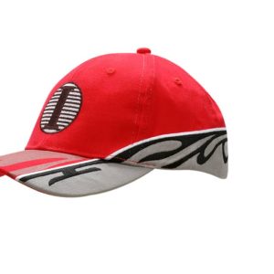 A red cap featuring a design on the peak, with inserts and embroidery on the crown. It includes a logo.