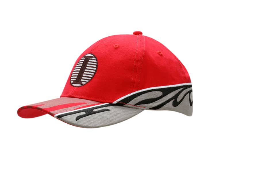 A red cap featuring a design on the peak, with inserts and embroidery on the crown. It includes a logo.