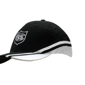 A black and white cap featuring a logo and contrasting peak inserts. Ideal for various headwear needs.