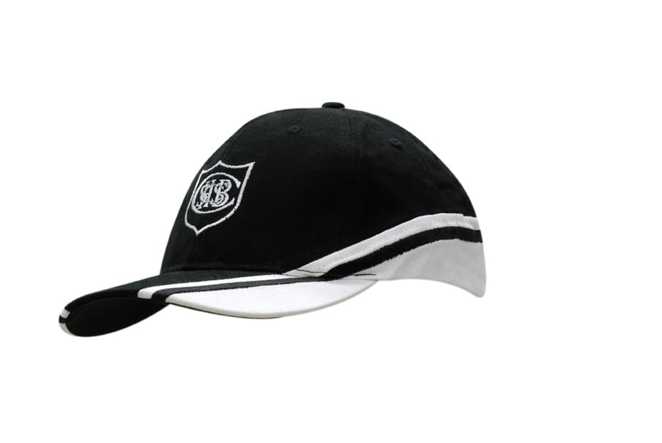 A black and white cap featuring a logo and contrasting peak inserts. Ideal for various headwear needs.