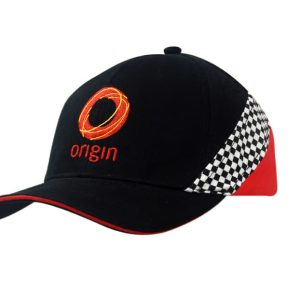 A black and red cap featuring a checkered trim and an embroidered logo on the front.