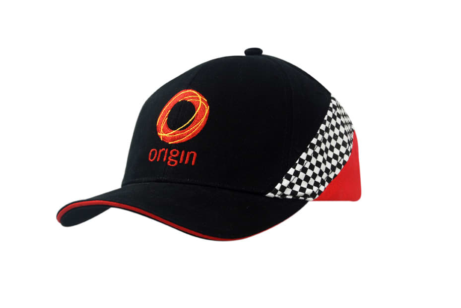 A black and red cap featuring a checkered trim and an embroidered logo on the front.