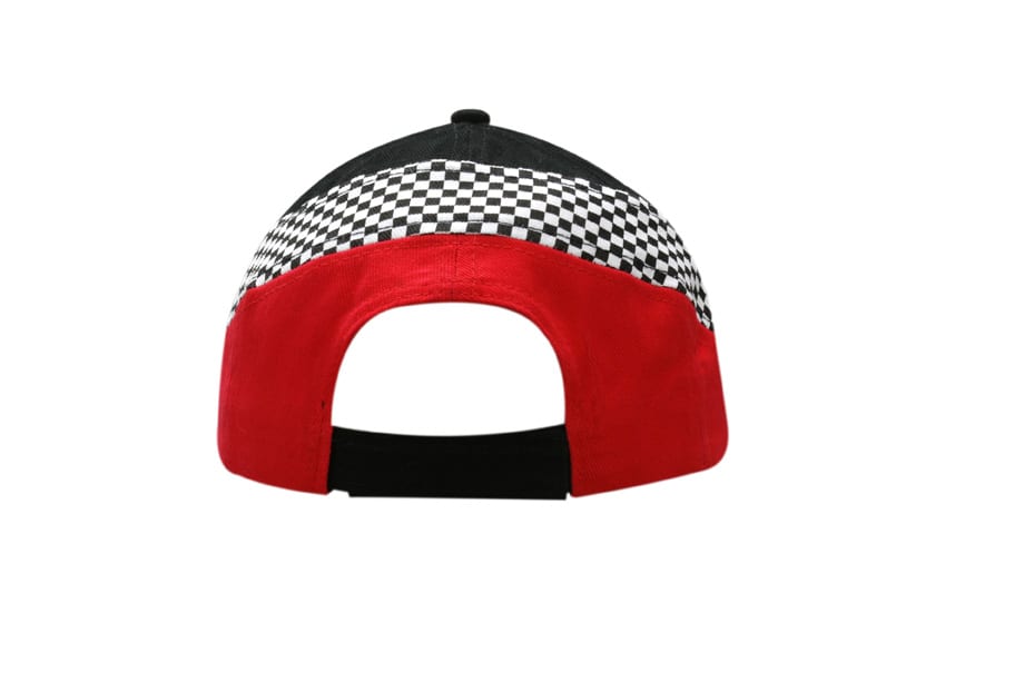 A red and black cap featuring a checkered pattern on the crown and a logo.