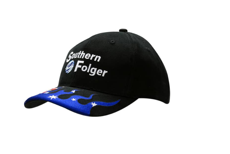 A black brushed heavy cotton cap featuring Australia embroidery on the peak and a logo on the front.