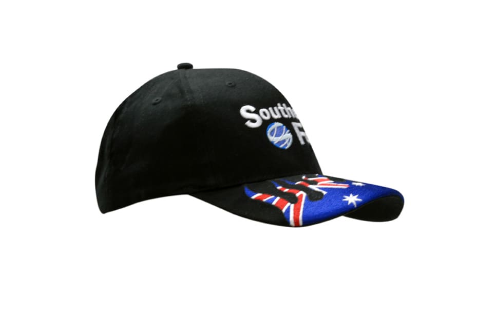 A black cap featuring Australia embroidery on the peak and a logo on the front.