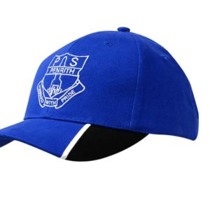 A blue brushed heavy cotton cap with peak inserts, featuring an embroidered logo on the front.