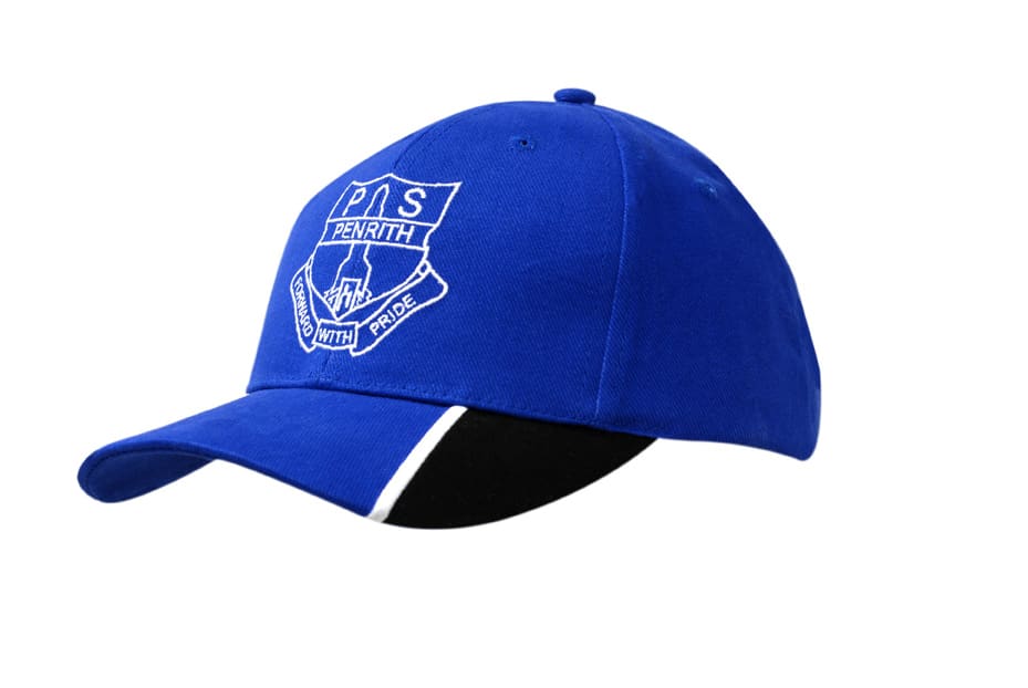 A blue brushed heavy cotton cap with peak inserts, featuring an embroidered logo on the front.