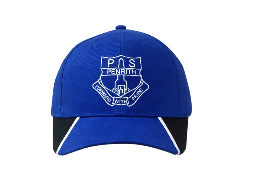 A blue brushed heavy cotton cap featuring peak inserts and embroidery, with a logo on the front.