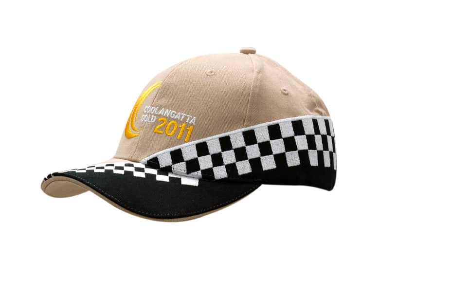 A beige cap with a black peak, featuring check embroidery and a logo. It's a stylish headwear option.