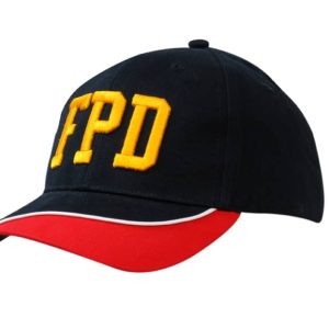 A black cap with yellow embroidery, featuring a red peak with white piping and a logo.