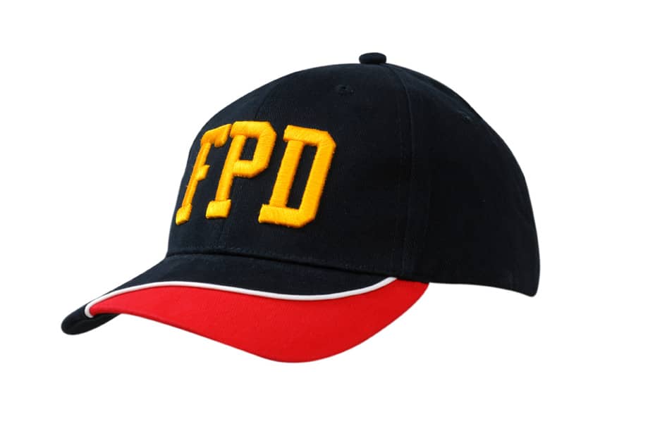 A black cap with yellow embroidery, featuring a red peak with white piping and a logo.
