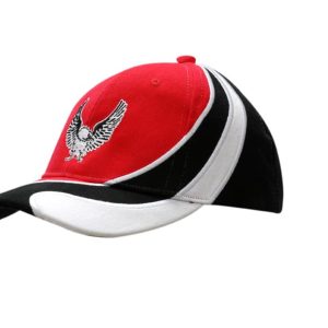 A red, black, and white cap featuring embroidery on the crown and peak, with a logo visible.