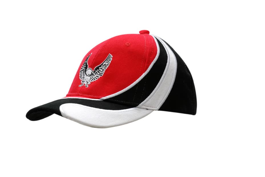 A red, black, and white cap featuring embroidery on the crown and peak, with a logo visible.