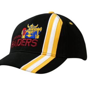 Black cap featuring a coloured logo and yellow stripes on the crown and peak. Includes a branded logo.