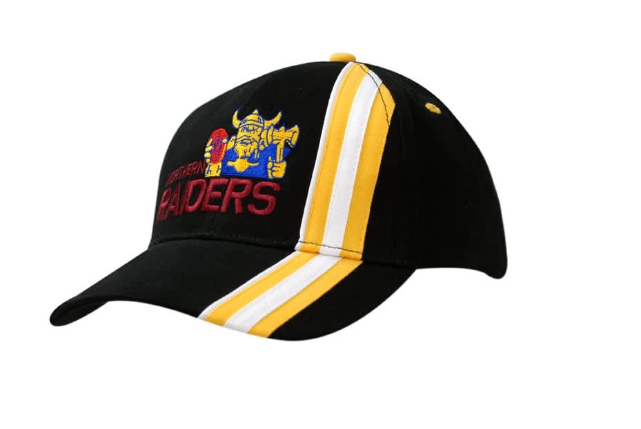 Black cap featuring a coloured logo and yellow stripes on the crown and peak. Includes a branded logo.