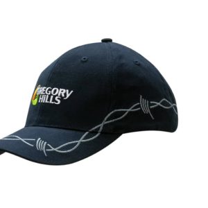 A navy cap with chain embroidery on the crown and peak, featuring a logo on the front.