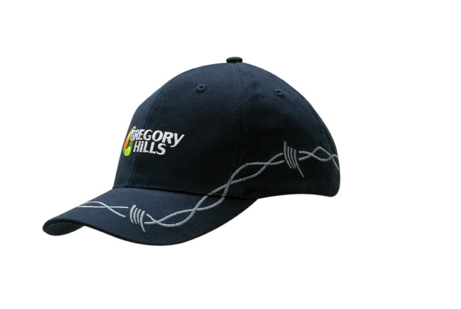 A navy cap with chain embroidery on the crown and peak, featuring a logo on the front.