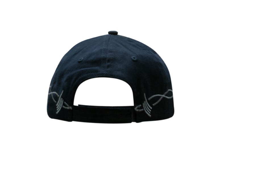 A navy cap featuring chain embroidery on the crown and peak, with an adjustable back strap and a logo.