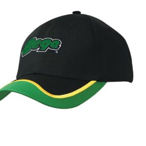 A black cap with a green peak and yellow trim, featuring a logo on the front.