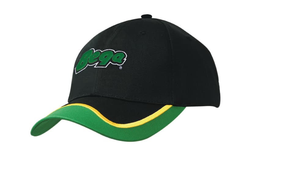 A black cap with a green peak and yellow trim, featuring a logo on the front.