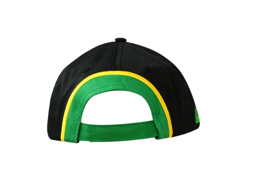 A black cap featuring a green and yellow fabric insert, with embroidery on the peak and a logo.
