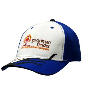 A blue and white cap with flame embroidery on the crown and peak, featuring a logo on the front.