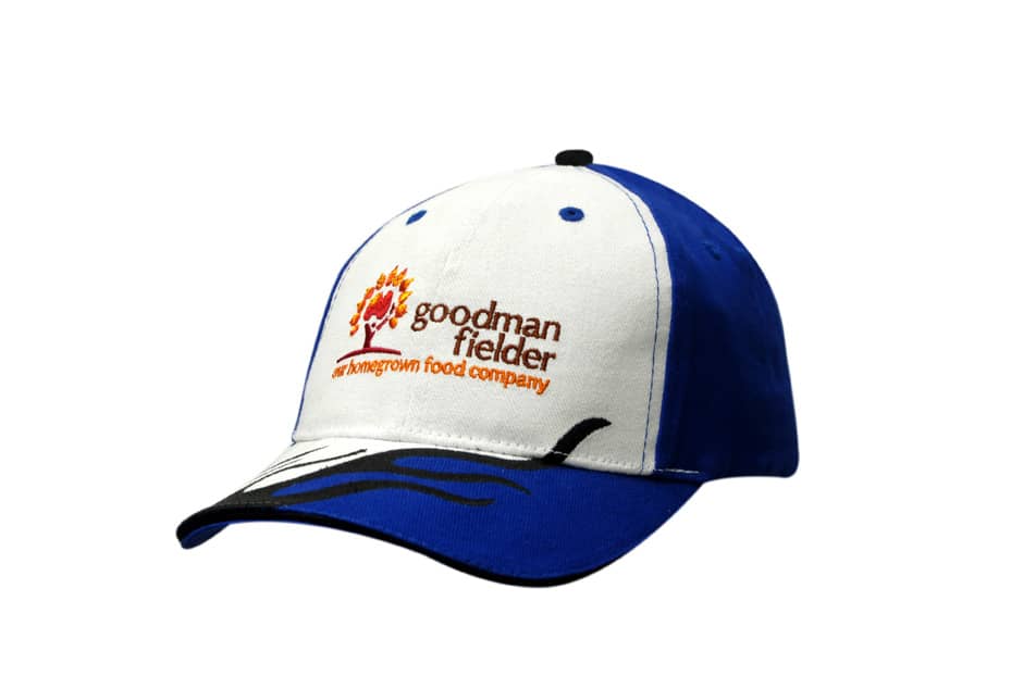 A blue and white cap with flame embroidery on the crown and peak, featuring a logo on the front.