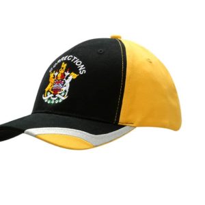 A black and yellow brushed heavy cotton cap featuring peak inserts and embroidery. Also includes a logo.