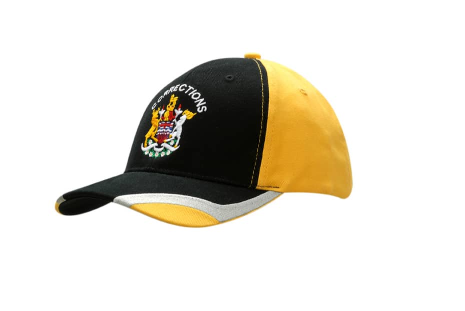 A black and yellow brushed heavy cotton cap featuring peak inserts and embroidery. Also includes a logo.
