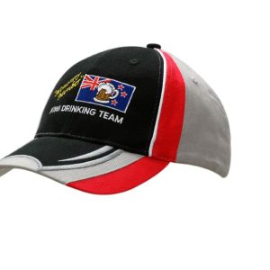 A black, grey, and red cap featuring inserts and embroidery, with a logo on the front.