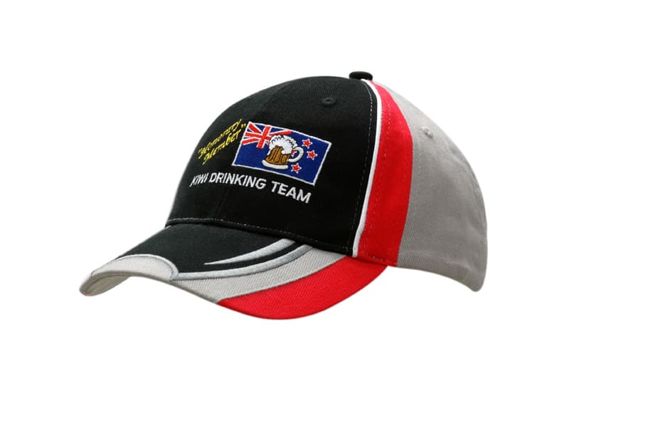 A black, grey, and red cap featuring inserts and embroidery, with a logo on the front.