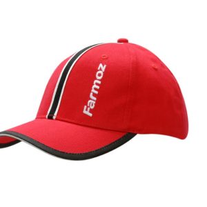 Red cap with black peak trim and stripe, featuring logo on the side, made from brushed heavy cotton.