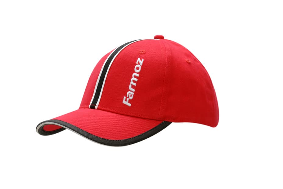 Red cap with black peak trim and stripe, featuring logo on the side, made from brushed heavy cotton.