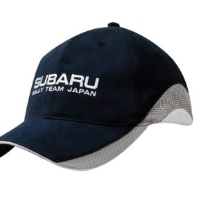 A navy blue water-resistant cap featuring mesh inserts on the crown and peak, with a logo on the front.