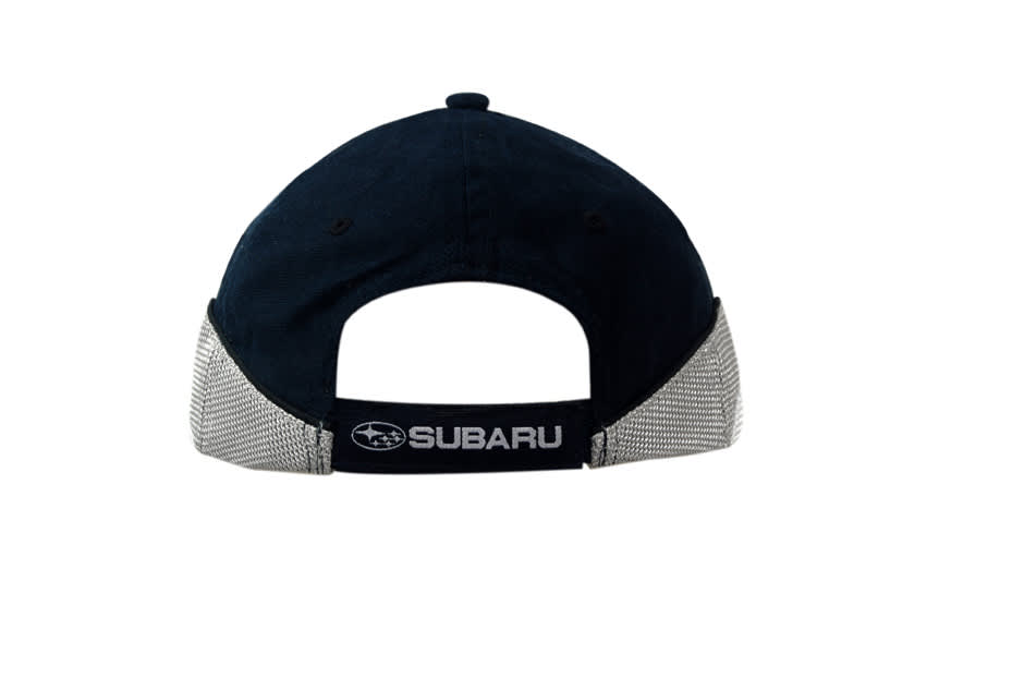 A navy water-resistant cap with mesh inserts on the crown and peak, featuring a logo on the back.