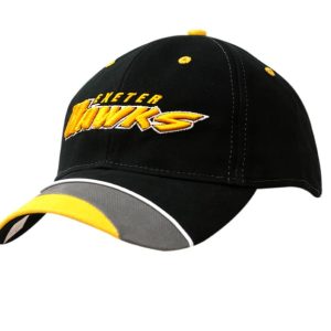 A black cap with yellow and grey piping, featuring a logo on the front. Suitable for casual wear.