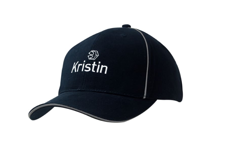 A navy blue cap featuring reflective piping and a sandwich peak, with a logo on the front.
