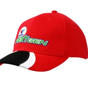 A red cap with black peak inserts and embroidery, featuring a logo and branding. It has a structured design.