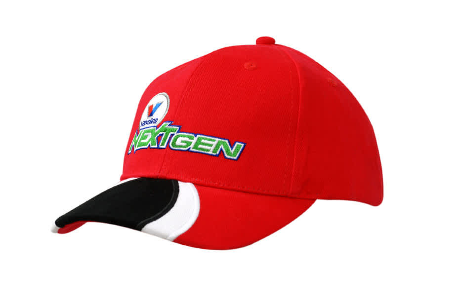 A red cap with black peak inserts and embroidery, featuring a logo and branding. It has a structured design.
