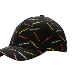 A black cap featuring an all-over print with the word "Australia" in red, yellow, and white. It has a logo on the side.