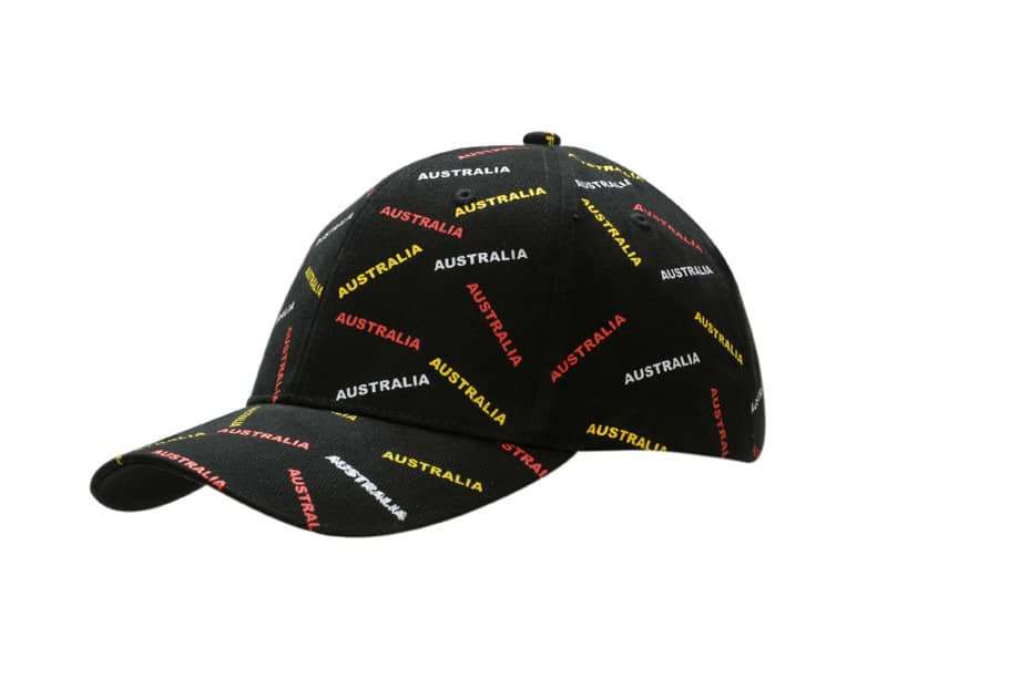 A black cap featuring an all-over print with the word 