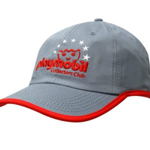 A grey cap with a red brim and an embroidered logo. Features stars and a branding logo on the front.