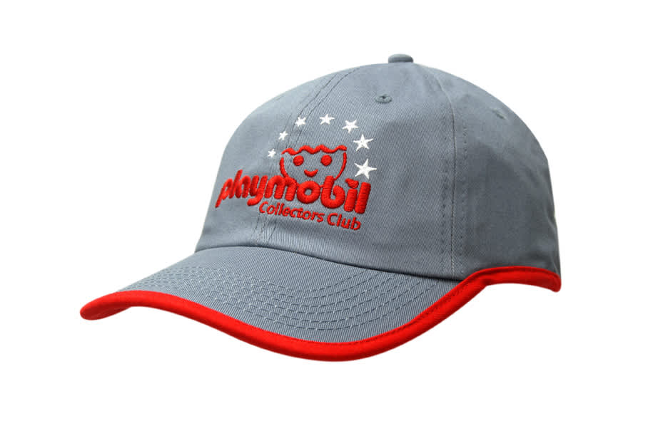 A grey cap with a red brim and an embroidered logo. Features stars and a branding logo on the front.