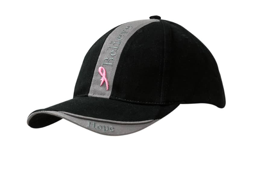 A black and grey cap featuring a crown insert, peak indent, and a logo.