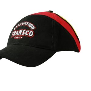 A black cap with red and yellow fabric inserts, featuring a logo on the front.
