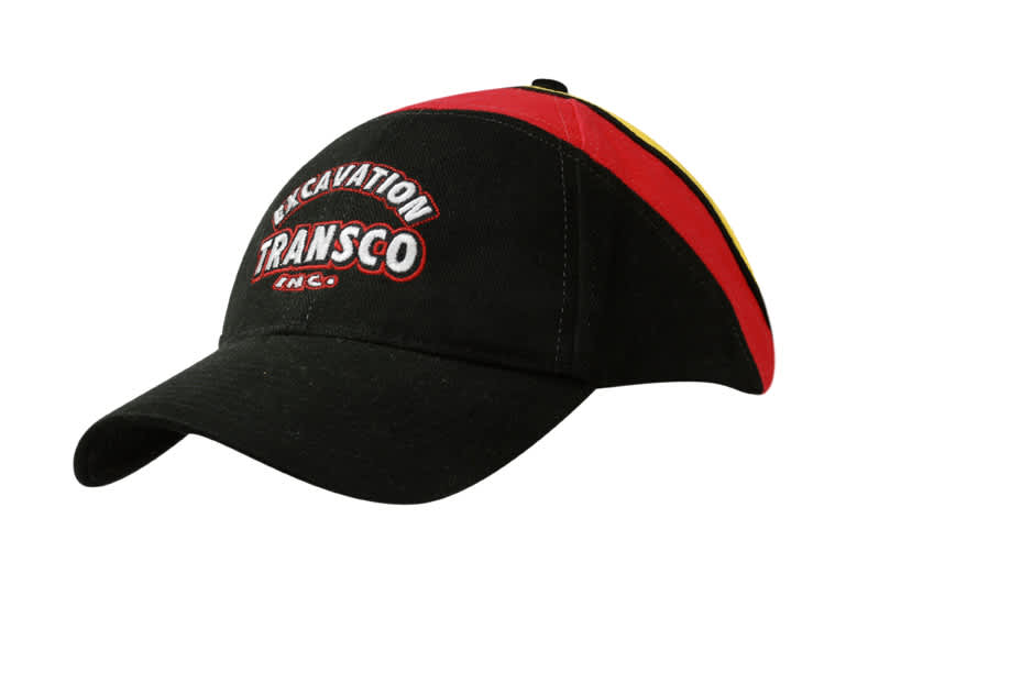 A black cap with red and yellow fabric inserts, featuring a logo on the front.
